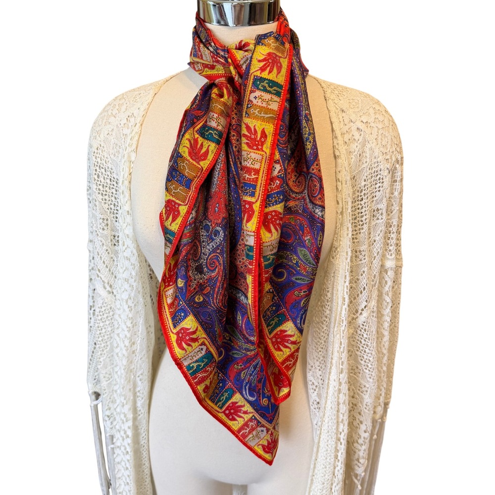 VTG Paisley Scarf Large Square Red Blue Gold Floral Hand Rolled
